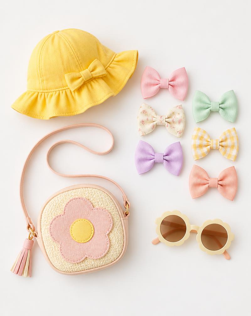 Children's hat, bows, bag and sunglasses
