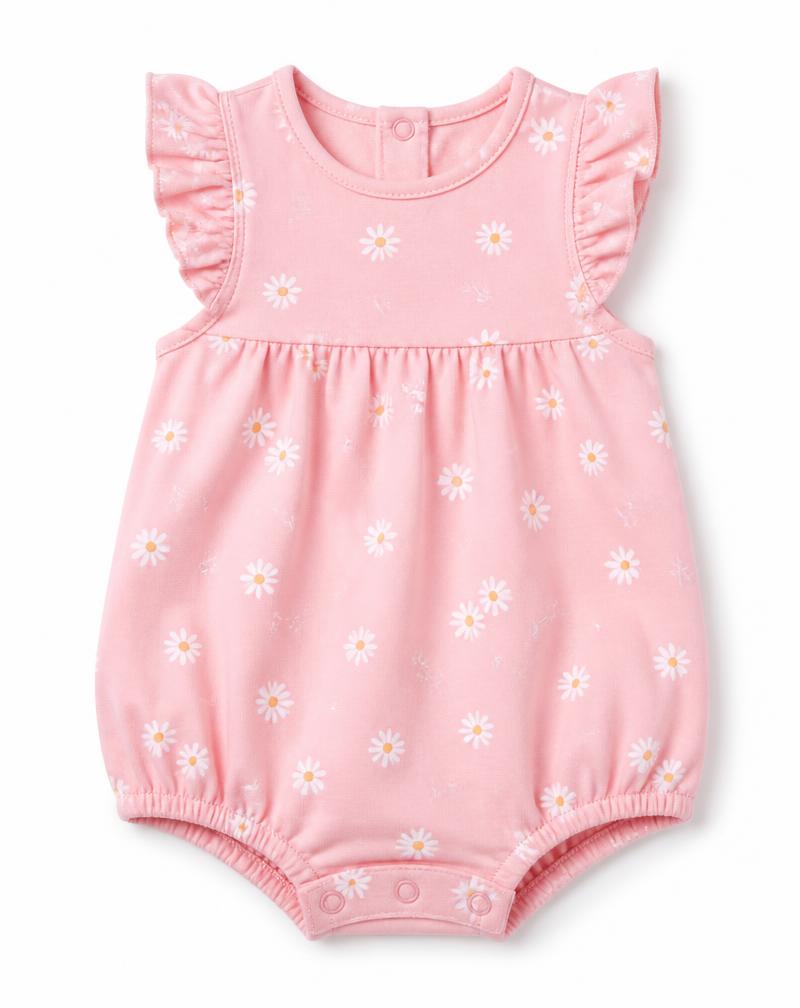 Pink baby romper with daisy print and ruffle sleeves