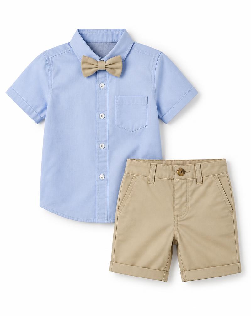 Light blue shirt with bow tie and beige chino shorts
