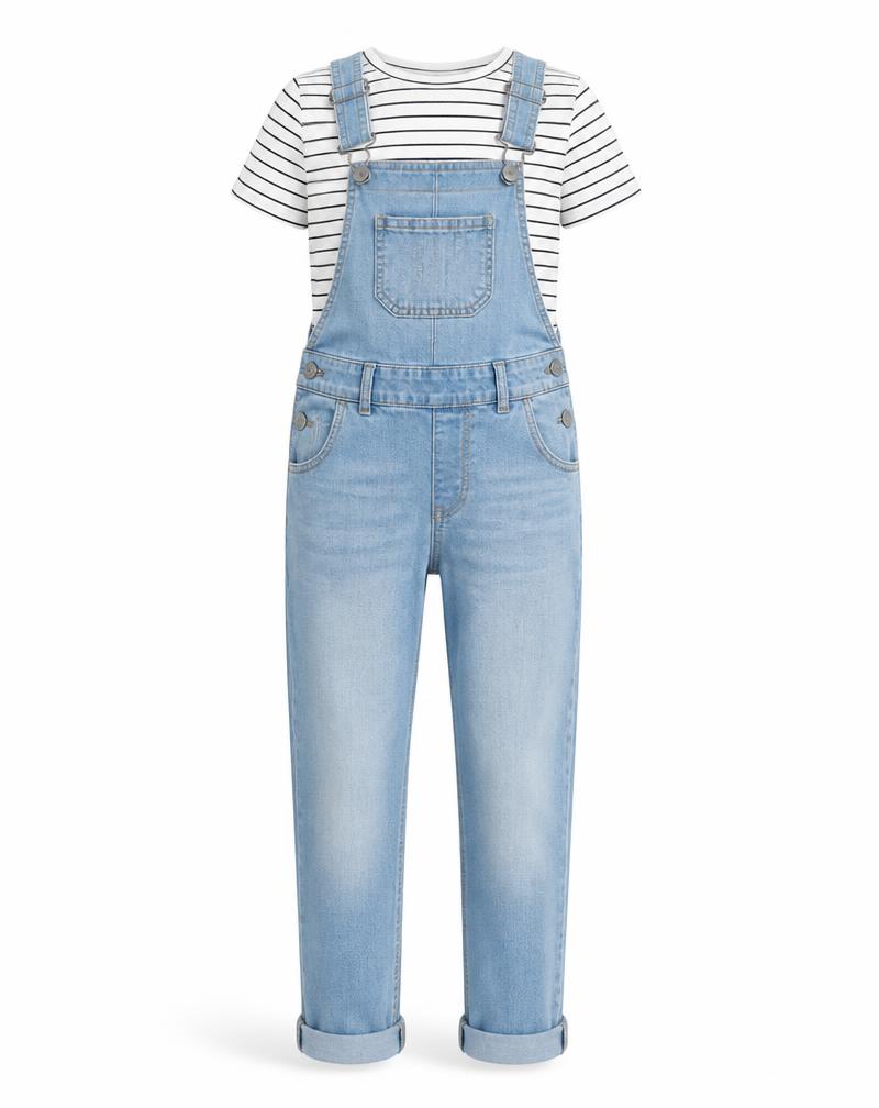 Light denim dungarees with striped t-shirt