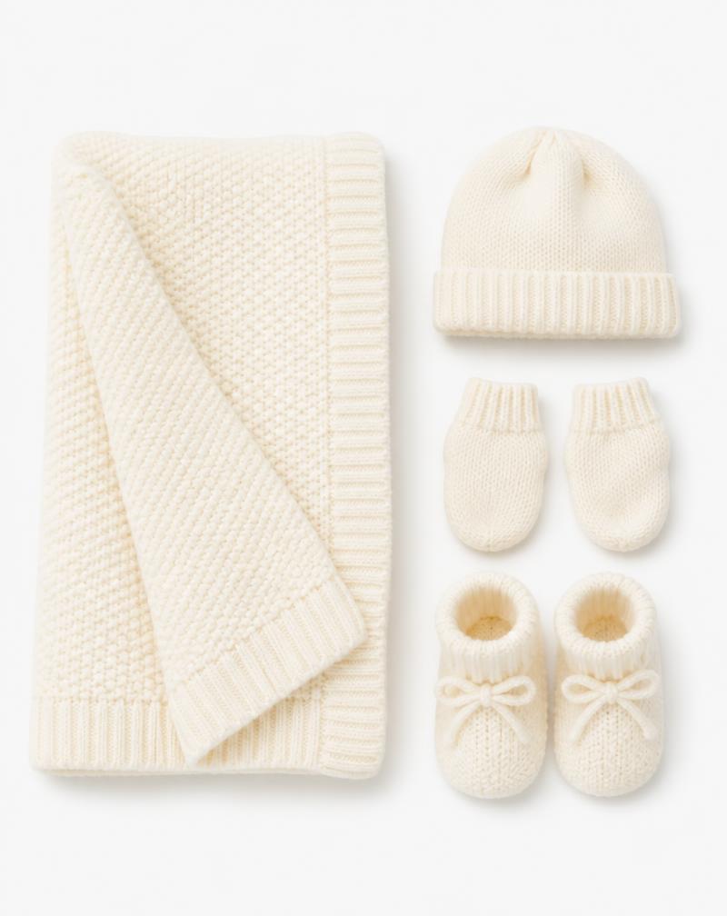 Cream knitted newborn blanket, hat, mittens and booties